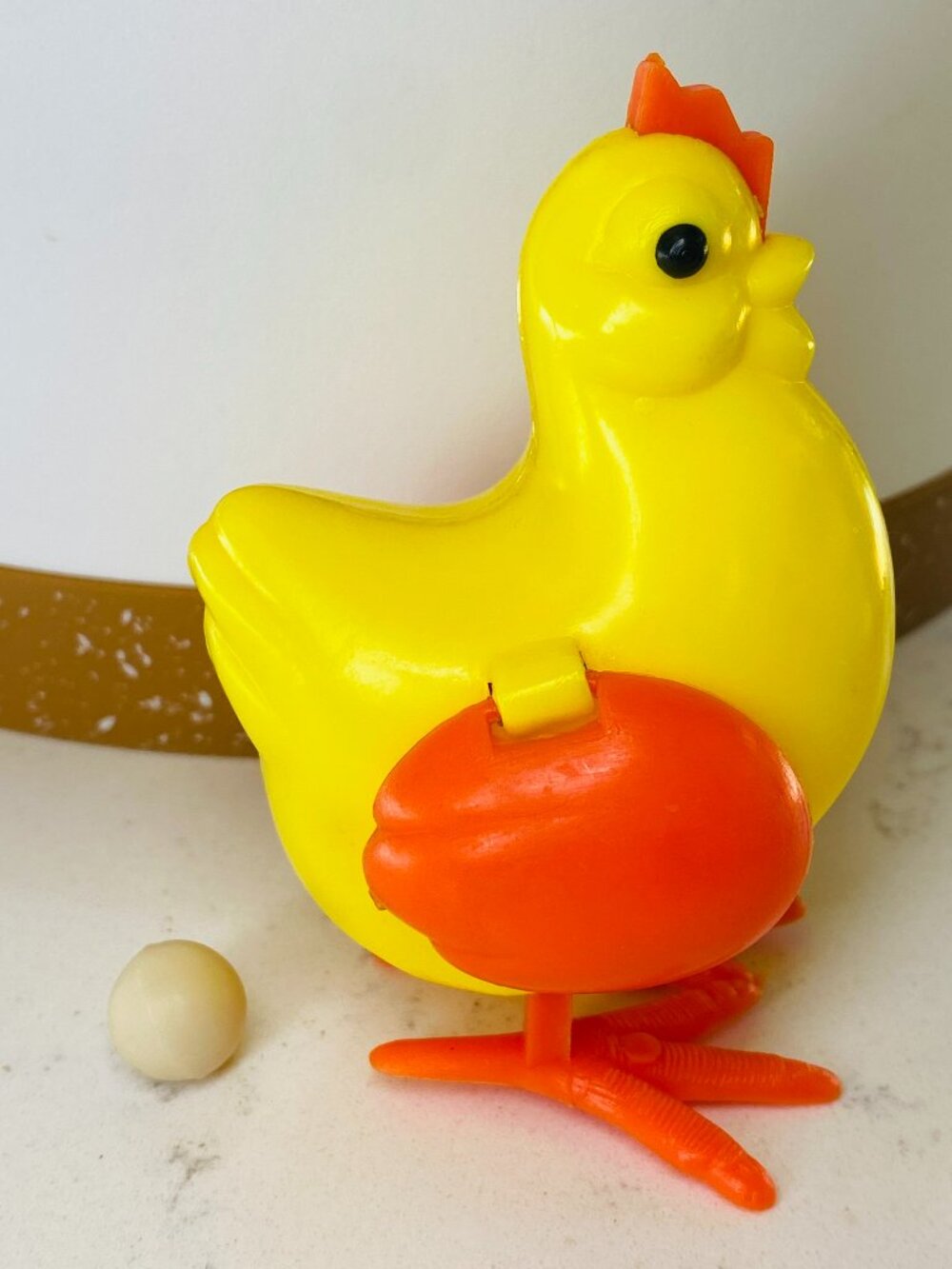 Vintage Plastic Hen Chicken Toy Opens Lays Egg Yellow Orange Made in China